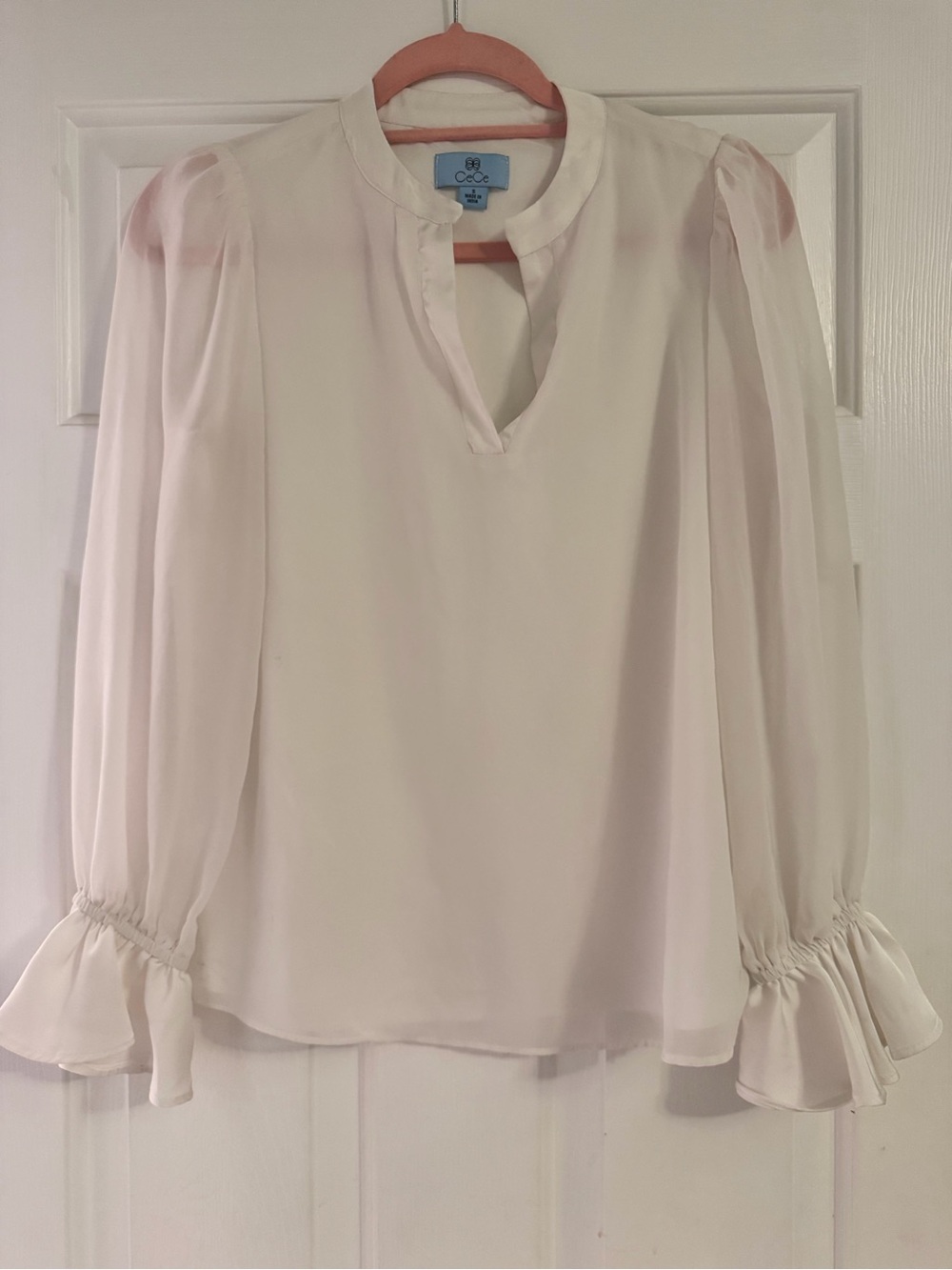 CeCe Soft Cream Split-Neck Ruffle Cuff Blouse